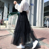 Long Gray Pleated Tutu Skirts 2021 Summer Vintage Women Elastic High Waist Mesh Midi Tulle Skirts Female Jupe Longue