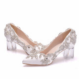 Cm Thick Heel Crystal Transparent Square Tip Single Shoe Bridal Silk Satin Cloth Diamond Skirt Wedding