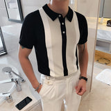 Men Fashion 2021 Summer Short Sleeve Polo Shirt Vintage Patchwork Knit Slim Polo Shirts Casual Lapel Button Tops Mens