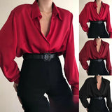Button Blouses Turn Down Collar Shirts Office Lady Long Sleeve Casual Blouse Loose OL Shirt Baggy Tops Red/Wine Red