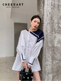 Preppy Style Sailor Collar Long Button Up Baggy Shirt For Women White Black Long Sleeve Top Korean Fashion Blouse