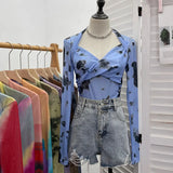Explosion Tie-Dye-Print Long Sleeve Bottom Sexy Hottie V-Neck T-Shirt Folded Slimming Mesh Yarn Top