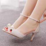 Cm Pearl Fish Mouth High Heel Sandals Shallow Buckle With Large-Size Round-Head High Heel White Ribbon Wedding