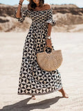 Pattern Print Women Summer Vacation Off Shoulder Dress Sexy Loose Hem Maxi Dress Retro Boho Ruffle Sleeve Long A-Line