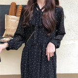 Elegant Polka Dots Print Women Chiffon Dress Vintage Loose Long Dress Lace-up Female A-line Vestidos femme