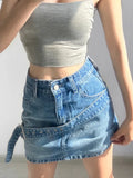 Streetwear Fashion Blue Bodycon Denim Skirt Belt High Waist Summer Women's Skirts Mini Casual Hot Short Bottom