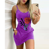 New Spaghetti Straps O Neck Women's Sleevele Mini Dress 2021 Casual Plus Size Bodycon Pocket Rose Print Lady Dress
