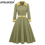 Long Sleeve Green Plaid Women Party Dress Gingham A Line Tunic Midi Shirt Style Button Up Rockabilly 50s Cotton Dresses