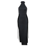 Summer New Knitted High-Necked Sleeveless Hollowed-Out Dress Sexy Spicy Girl Slim Long