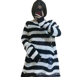 Zingj Hole Hollow Out In The Long Sweater Female Stripe Loose Color Dark Versatile Knit Niche Punk-Outfit