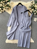 Autumn Thick Warm Knitted Suits 2023 Strap Knit Dress+Loose Long Cardigans Sweater Home Wear Casual Two Pieces