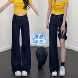 Cool Feeling Dark Blue Non-Legged Micro-Tipped Jeans Women's Summer Thin 2025 New Hanging Broad Leg Horn
