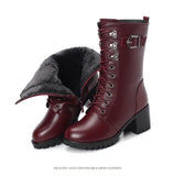 Boots Women Genuine Leather High-heeled Large Size Motorcycle Boots Women New Wool Warm Winter Boots for