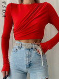 O Neck 2021 Brown Crop Top Women Ruched 90s Y2K Basic Autumn Winter Casual Black Long Sleeve T Shirts Sexy