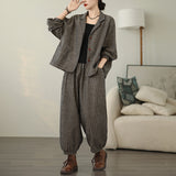 2025 Vintage Literary Striped Large-Size Cardigan Coat + Wide-Legged Harlan Pants Two Sets Of