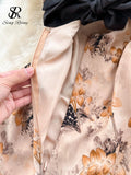 Fashion Chiffon Print Strap Dress Backless Crossed Frenulum Design Zipper High Quality France Vintage Women Long