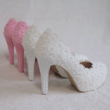 Lace Heels Wedding Shoes Lace Pearl Shoes Size Fine Heel Waterproof Shoes