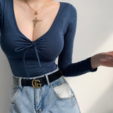 French Solid Color Autumn Winter Bottom V-neck Low Chest Sexy Hot Tight Long Sleeve Women Fold Bow T-Shirt Top