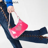 Girls Cute Kawaii Pink Baguette Bag 90s Vintage Rhinestone Heart Mini Handbag Chic Patent Leather PU Axillary Pouch
