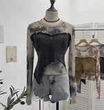 Vintage Dye Mesh Spliced Denim Shoulder Long-Sleeved T-Shirt T-Shirt T-Shirt Dress