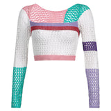 Holes Sexy Knitted Cropped T Shirt Women Autumn 2000s Aesthetic Patchwork T-shirt Women Hollow Out Fashion