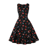 Vintage Women Sleeveless Swing Dresses Summer Casual Elegant Office Flower Print Female Fashion Retro Pleated