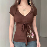 Vintage Small Flower Embroidery Collage V-Neck Slimming Design T-Shirt With Thin