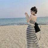 Zingj Summer New French Style Tassel Edge Black And White Striped Knit Strapless Vest Skirt Suit