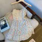 Sling Floral Mini Dress Summer Vintage Casual Slash Neck Sleeveless Flower Print Pleated Strap Dress Party Beach