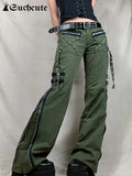 SUCHCUTE Fashion Women Jeans Eyelet Zipper Cool Girl Techwear Harajuku Stylish Casual Denim Trousers Vintage Straight Pants