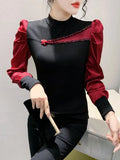 Women Full Puff Sleeve Beading Cotton T-shirts Girl Patchwork Contrast Color T Shirt Female Autumn
