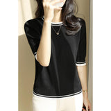 Zingj New Loose Show Thin Middle Sleeve T-Shirt Bottom Top Thin T-Shirt Women's Round Collar Five Minute Sleeve Patchwork Color Knit Women-Outfit