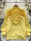 French Style Casual Embroidery Blouse Women Long Sleeves Pearl Shirt Fashion Ruffles Cotton Hollow Out Loose