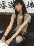 Print Casual Crop Tops Summer Vintage Punk Bamdage Slim T-shirts Y2k Aesthetics Harajuku Grunge Short Sleeve Sexy