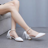 Cm Low Heel Tip Hollow Sandals Coarse Heel Beaded Women's Shoes White Mute PU Wedding Banquet Bridal