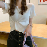 Women Summer Lovely Korean Preppy Style Basic Edible Tree Fungus Sweet Girl Solid Tops Thin Knitted Short Sleeve