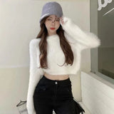 Sweater For Women Sweet Faux Mink Hairy Pullover O Neck Long Sleeve Loose Short Sweater Lady Casual Soft Warm