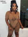 Sexy Hollow Rompers Women Short Sleeve See Through Skinny One Piece Playsuits Female Party Clubwear Workout