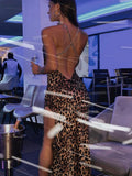 Fashion Leopard Long Sundress Sexy See Through Spaghetti Strap Maxi Dress Women Summer Clothes Party Slip Dresses