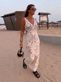 Crochet Hollow Out Knitted Slim Maxi Dress Women Sexy V-neck Backless Sleeveless Robe 2024 Summer Lady Fashion