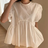 Zingj Chic Summer Careful Machine Back Hollow Tie Doll Shirt Female Loose Solid Color Bubble Sleeves Shirt