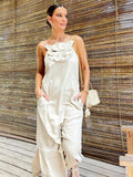 3d Flower Cotton Linen Sling Maxi Dresses Women Backless Sleeveless Slim Long Robes 2024 Chic Lady Vacation Party