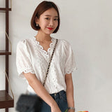 Ladies Lace Border Shirt Fashion Women Hollow Out White Blouse Simple Casual V-Neck Short Sleeve Blouses and
