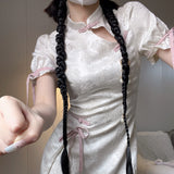 Harajuku Cheongsam Dress Women Sweet Floral Bow Bandage Lolita Dresses Y2k Sexy Aesthetic Puff Sleeve Vestido