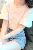 Elegant Beading Lace Blouse Puff Short Sleeve Women Korean Shirts O-neck Sweet Pleated New Casual Loose Tops Blusas