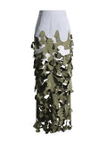 Zingj New Personality Trend Army Green Irregular Hollow Out Splicing Camouflage Design Sense Women's Long