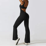 Hollow Backless Scrunch Gym Flare Jumpsuit Sport Casual Women One Piece Outfits Yoga Dance Jump Suit Black Fitness