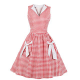 Women Red Plaid Printed Tunic Midi Pinup Dress Sleeveless 3XL 4XL Elegant Office Retro Cotton Vintage Dresses
