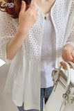 Summer Lace Women Shirts and Blouses 2023 Korean Stylish Half Sleeve Cardigan Hollow Cotton Fashion Sunscreen Tops