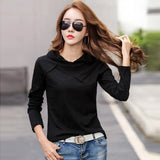 Sleeve Hooded T-shirt Bamboo Cotton Autumn Winter Tops New 2021 T Shirt Women Casual Patchwork Tee Shirt Femme White